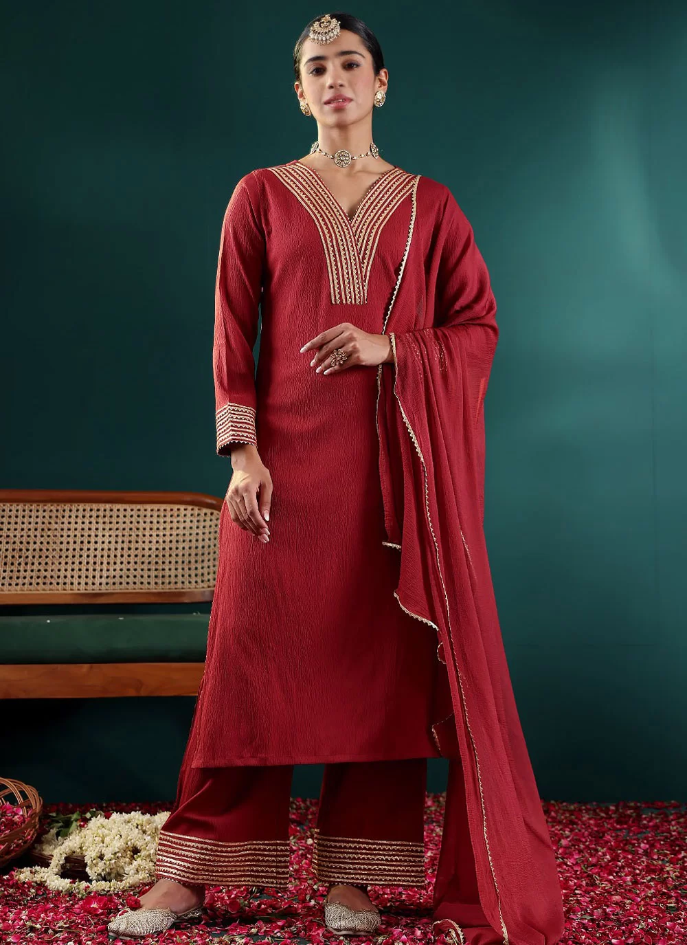 Red Crepe Silk Embroidered Work Readymade Suit